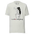White LuckeLadybug t-shirt featuring a stylized woman smoking graphic, fashion forward streetwear shirt