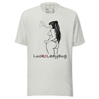 White LuckeLadybug t-shirt featuring a stylized woman smoking graphic, fashion forward streetwear shirt