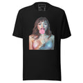 LuckeLadybug black T-shirt featuring a fashion-forward streetwear top with a woman holding a pink lollipop