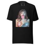 LuckeLadybug black T-shirt featuring a fashion-forward streetwear top with a woman holding a pink lollipop
