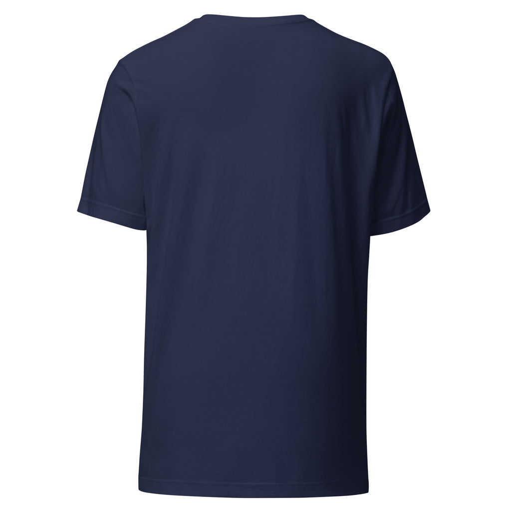 Back view of LuckeLadybug navy blue fashion-forward streetwear top with short sleeves
