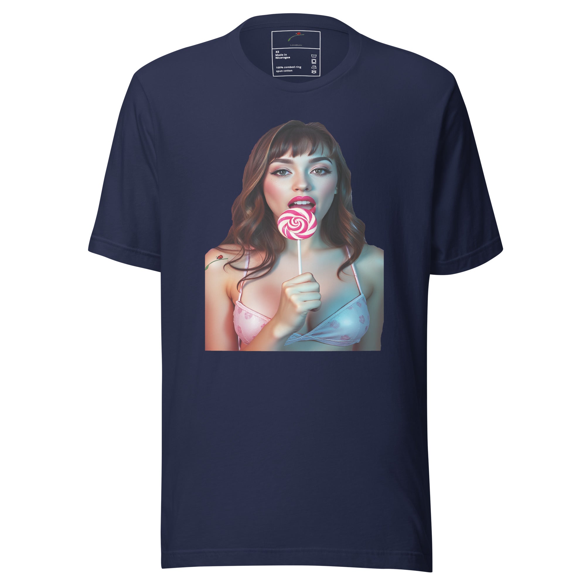 LuckeLadybug navy t-shirt featuring a woman licking a pink lollipop fashion-forward streetwear top