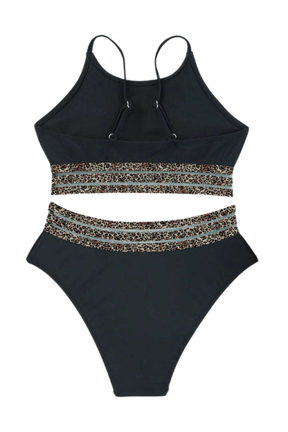LuckeLadybug LLC black bikini with leopard print trim featuring fashion forward swimwear for women