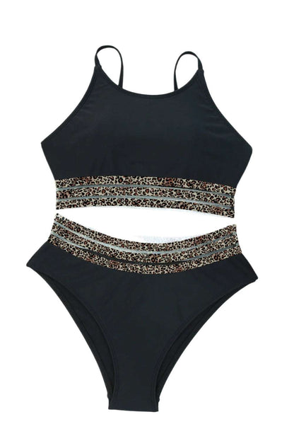 LuckeLadybug LLC black bikini with leopard print bands fashion forward swimwear for women