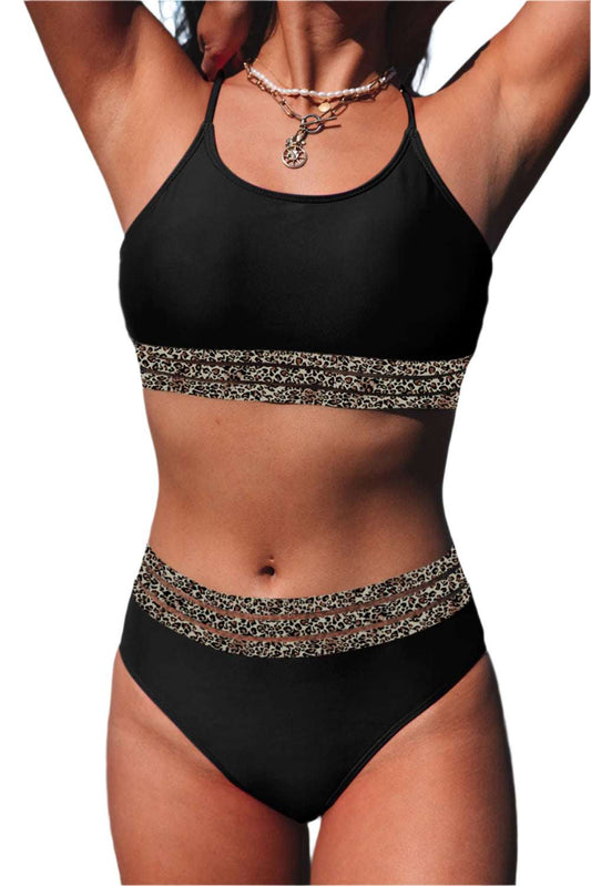 Black bikini with leopard print trim by LuckeLadybug LLC showcasing fashion forward swimwear for women