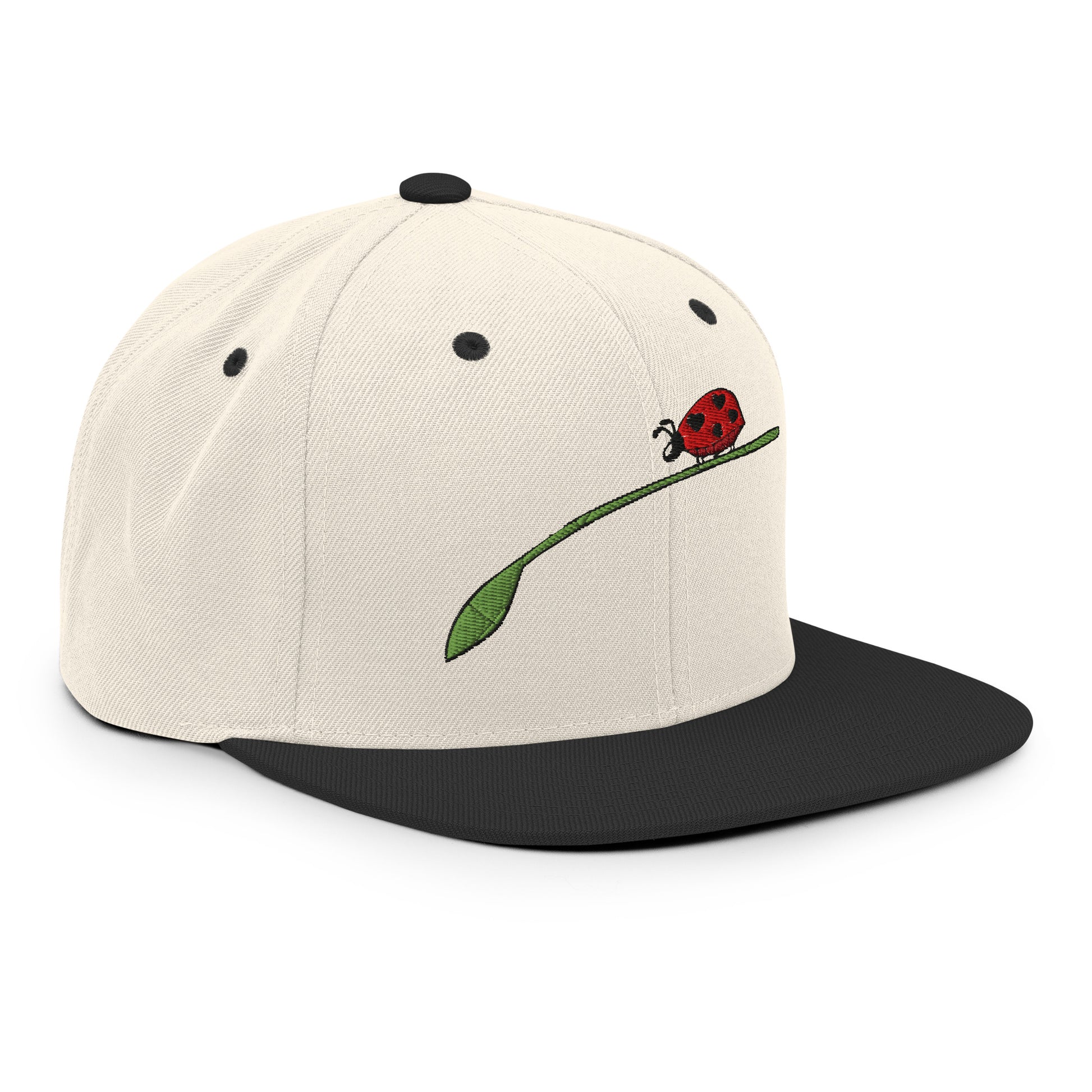 LuckeLadybug fashion snapback for men with beige crown black brim and embroidered ladybug design