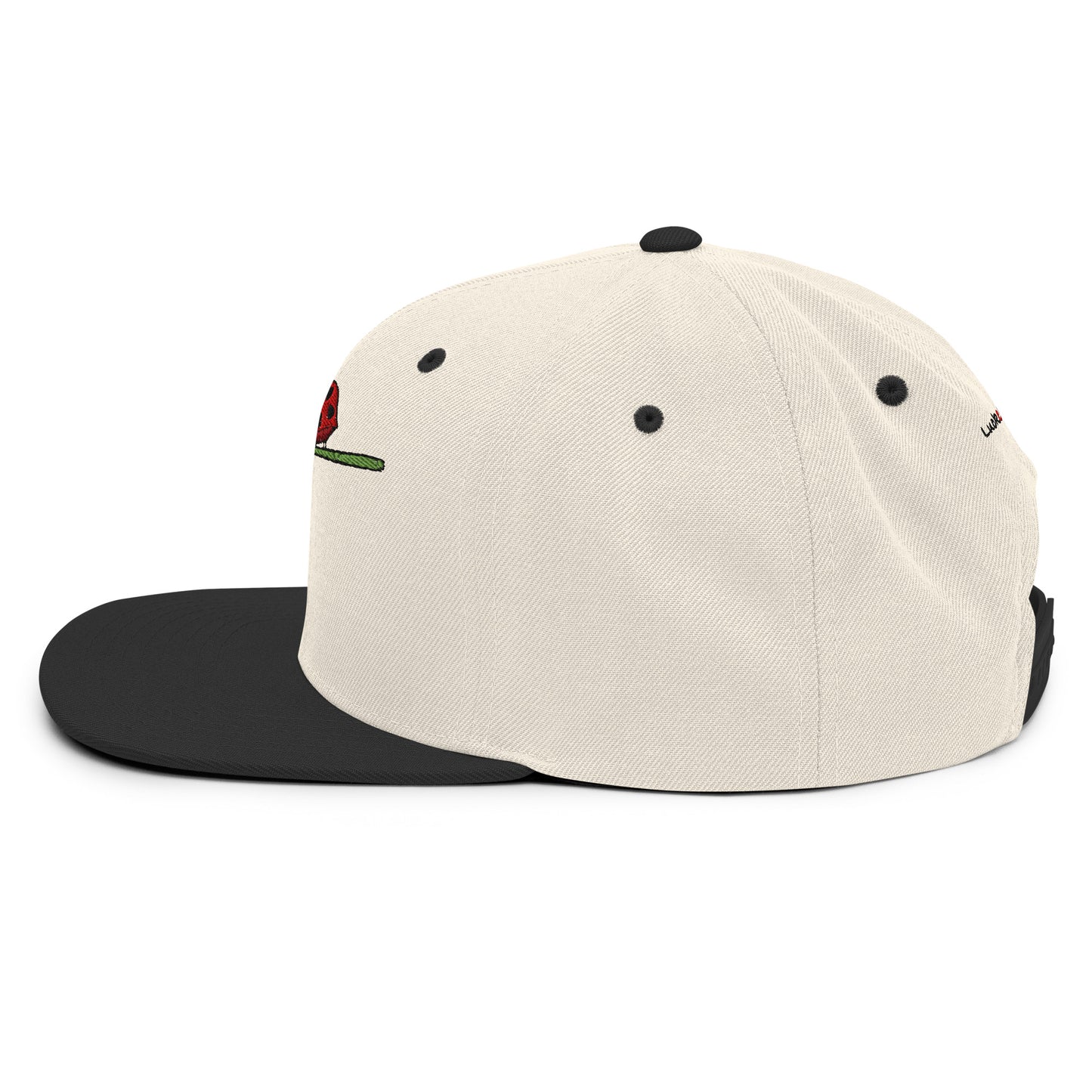 LuckeLadybug fashion snapback for men in beige with black flat brim and embroidered rose design