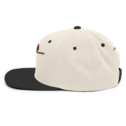 LuckeLadybug fashion snapback for men in beige with black flat brim and embroidered rose design