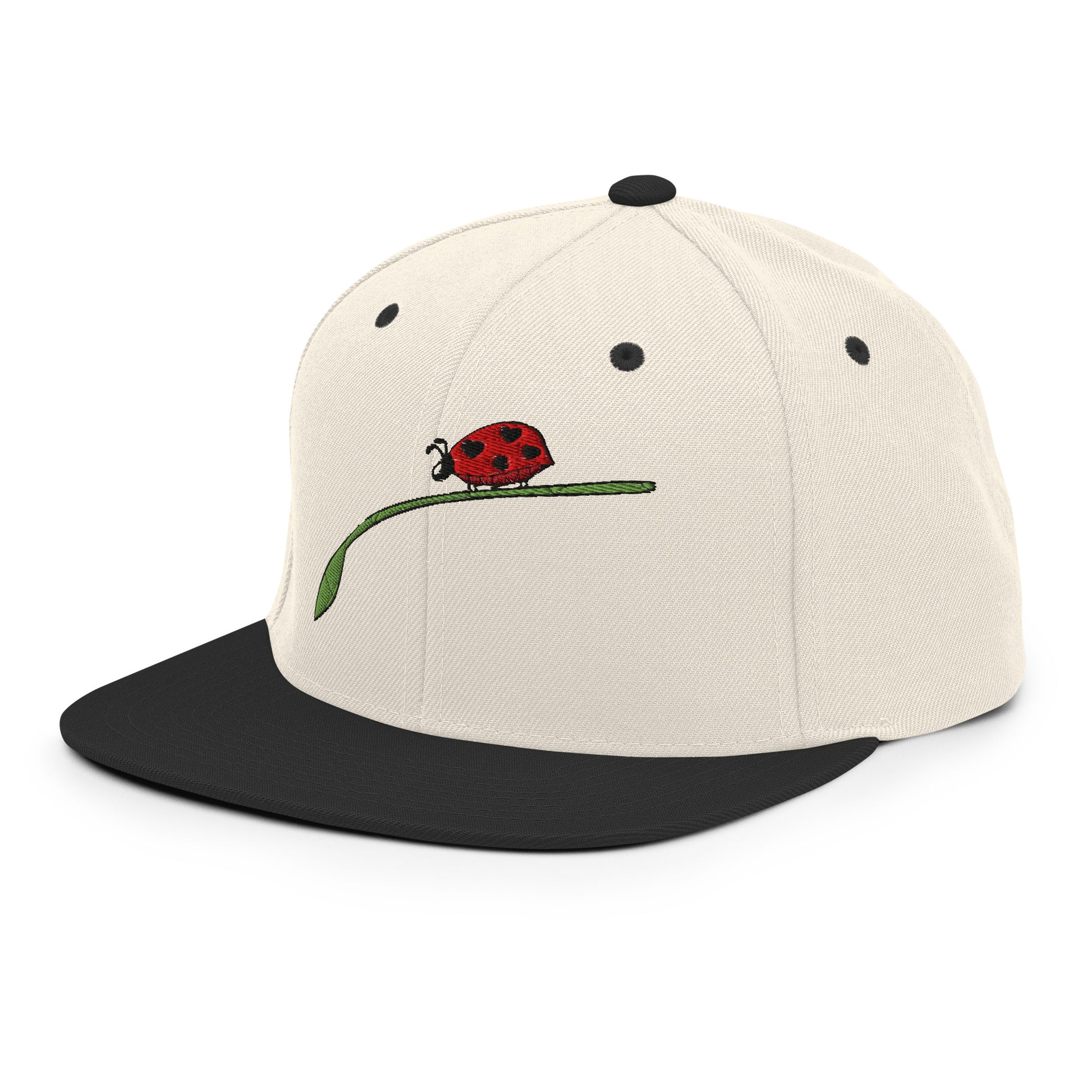 LuckeLadybug fashion snapback for men with beige crown black flat brim and embroidered ladybug design