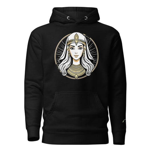 Black hoodie with detailed illustration of an Egyptian queen featuring gold accents fashionable Egyptian print hoodie
