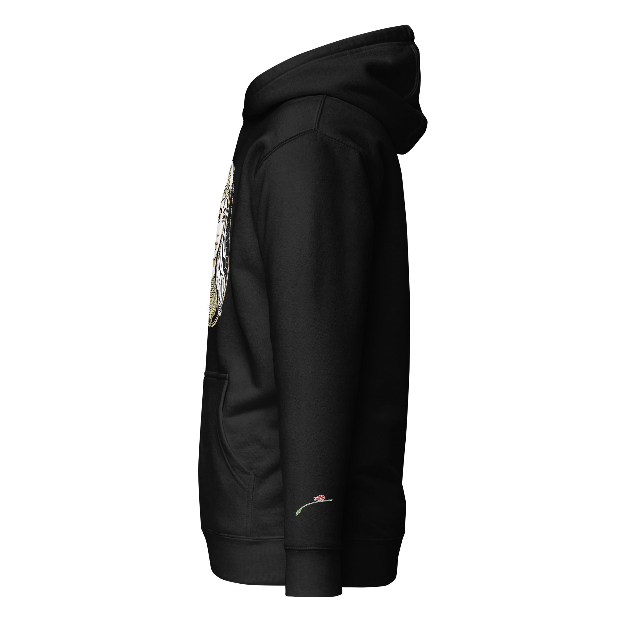 Black fashionable Egyptian print hoodie by LuckeLadybug with front pocket and hood
