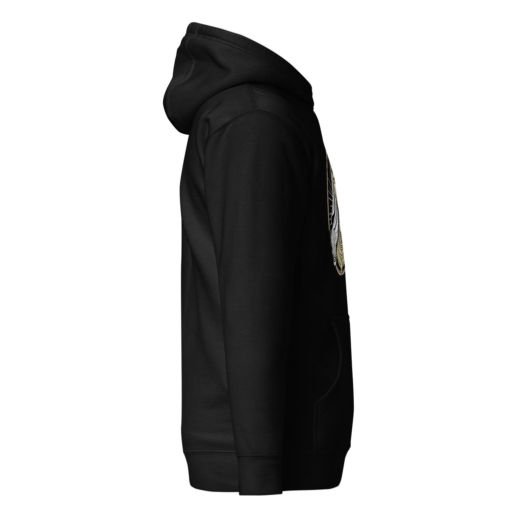 Black LuckeLadybug fashionable Egyptian print hoodie side view with hood and front pocket
