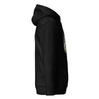 Black LuckeLadybug fashionable Egyptian print hoodie side view with hood and front pocket