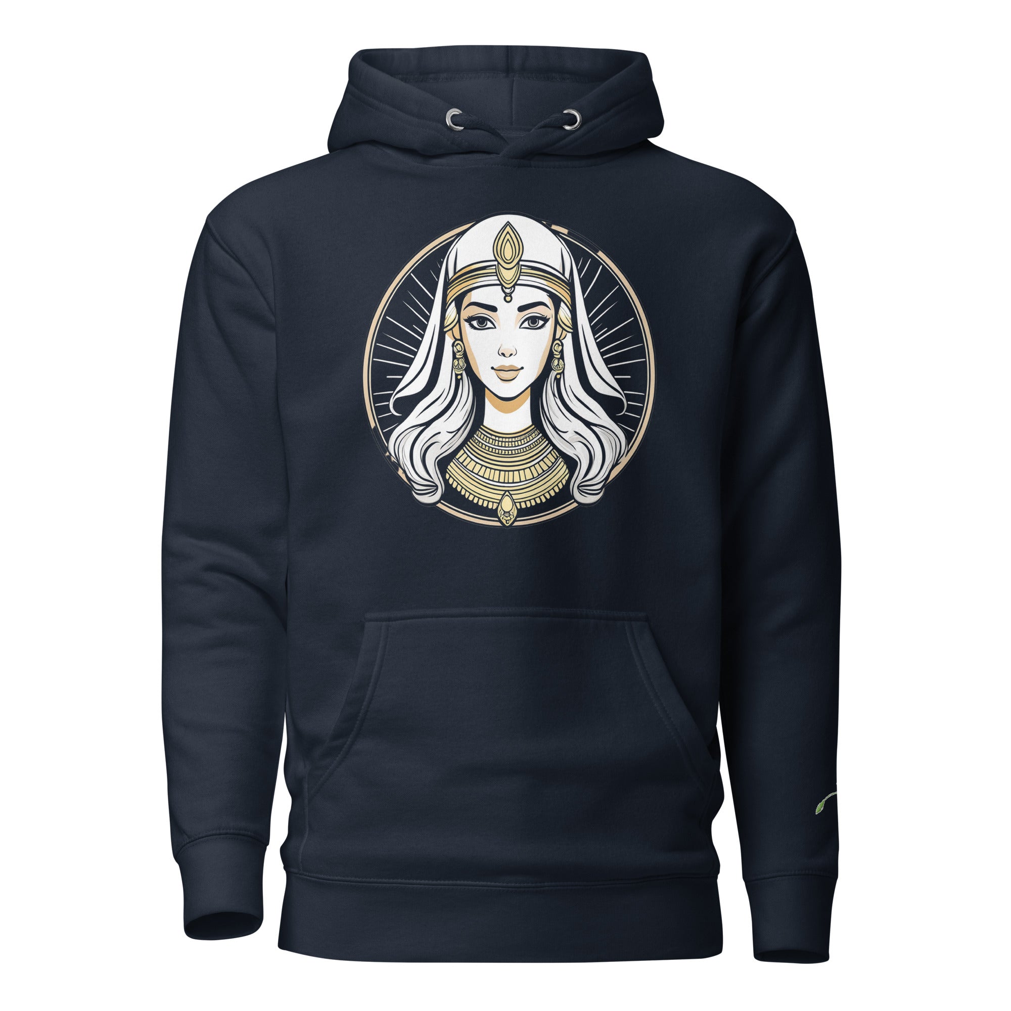 LuckeLadybug fashionable Egyptian print hoodie in black with a detailed female pharaoh design