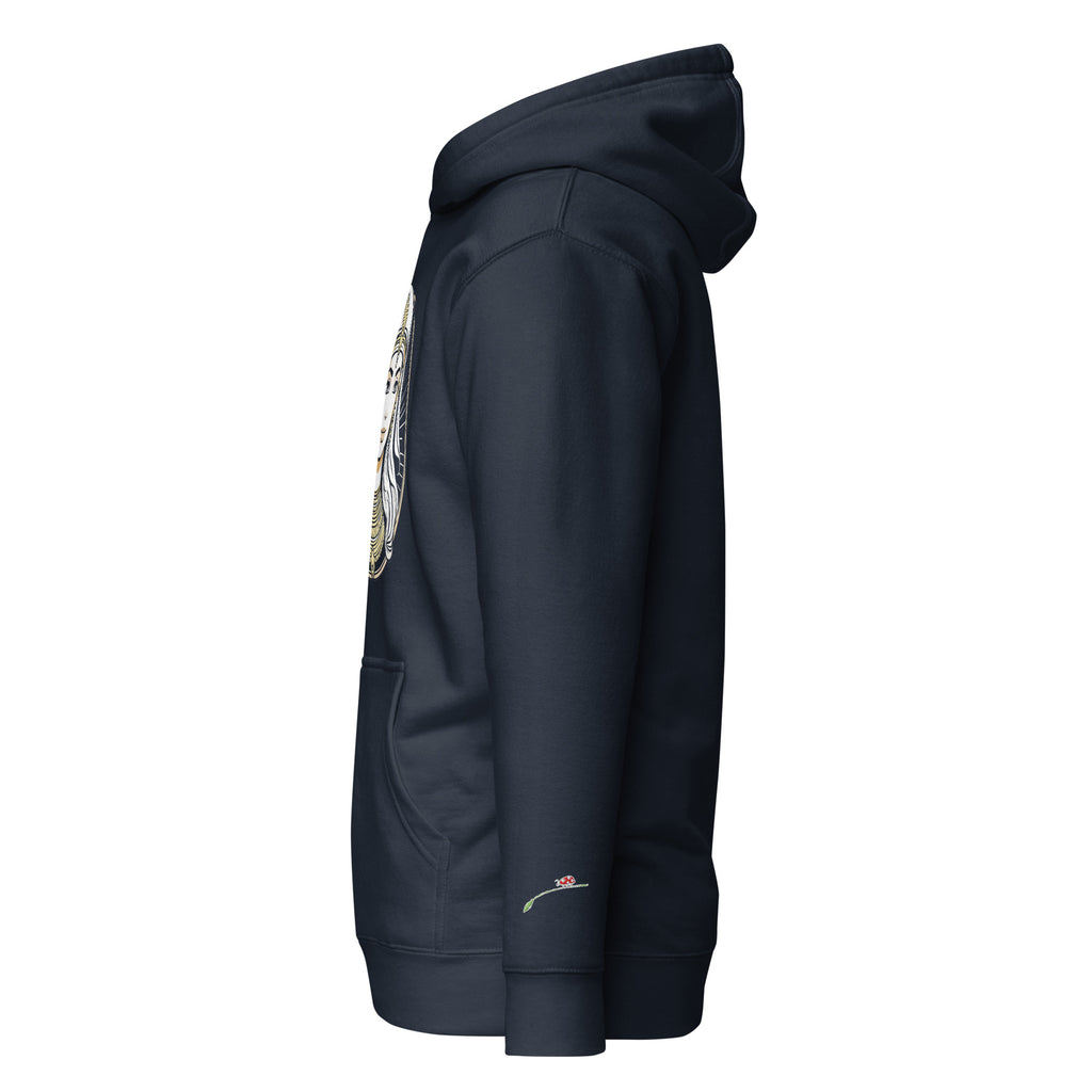 Side view of a fashionable Egyptian print hoodie in black by LuckeLadybug with a front pocket and hood