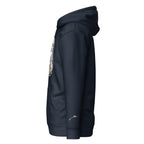 Side view of a fashionable Egyptian print hoodie in black by LuckeLadybug with a front pocket and hood