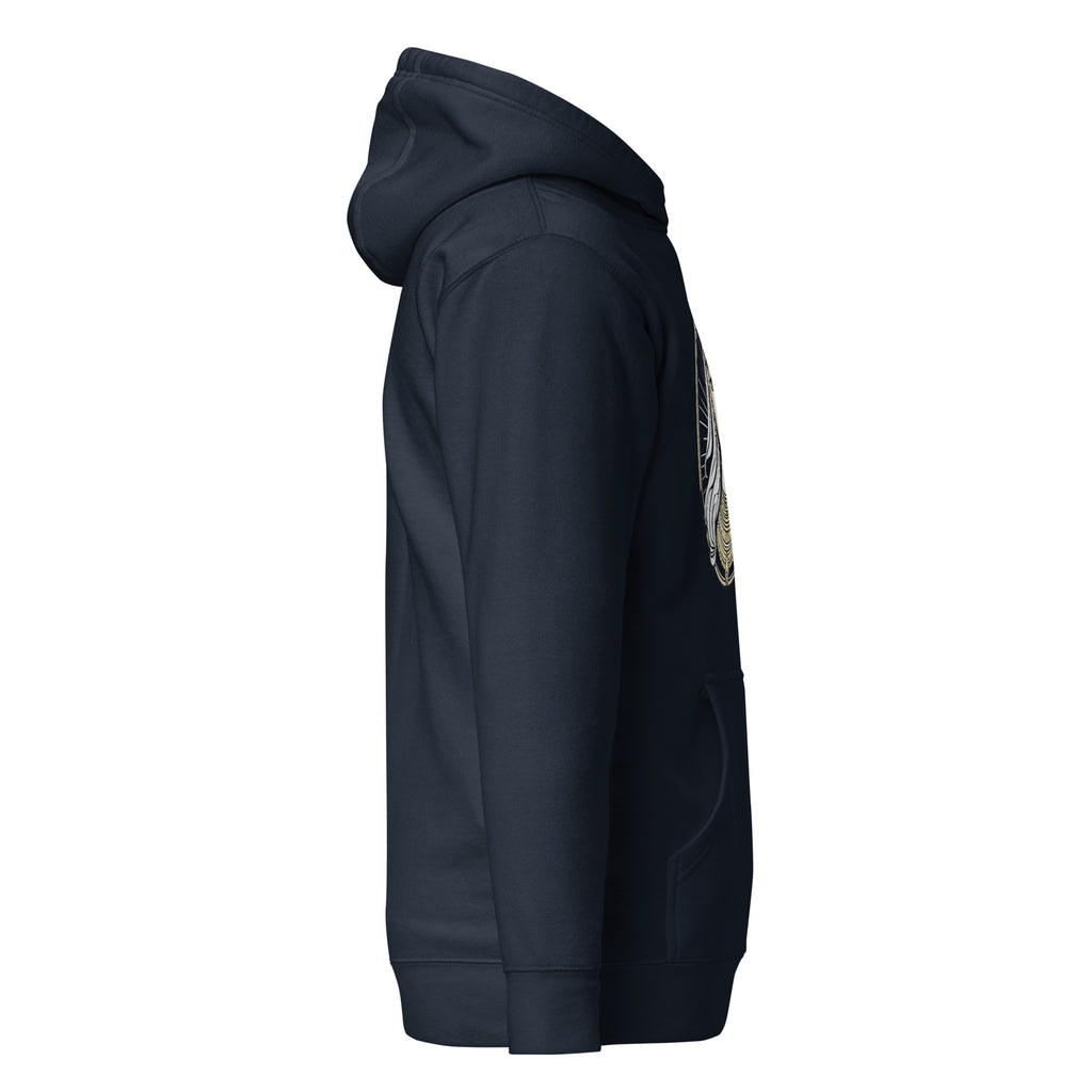 Side view of fashionable Egyptian print hoodie by LuckeLadybug in black with kangaroo pocket and hood