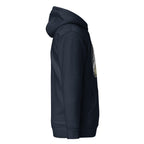 Side view of fashionable Egyptian print hoodie by LuckeLadybug in black with kangaroo pocket and hood