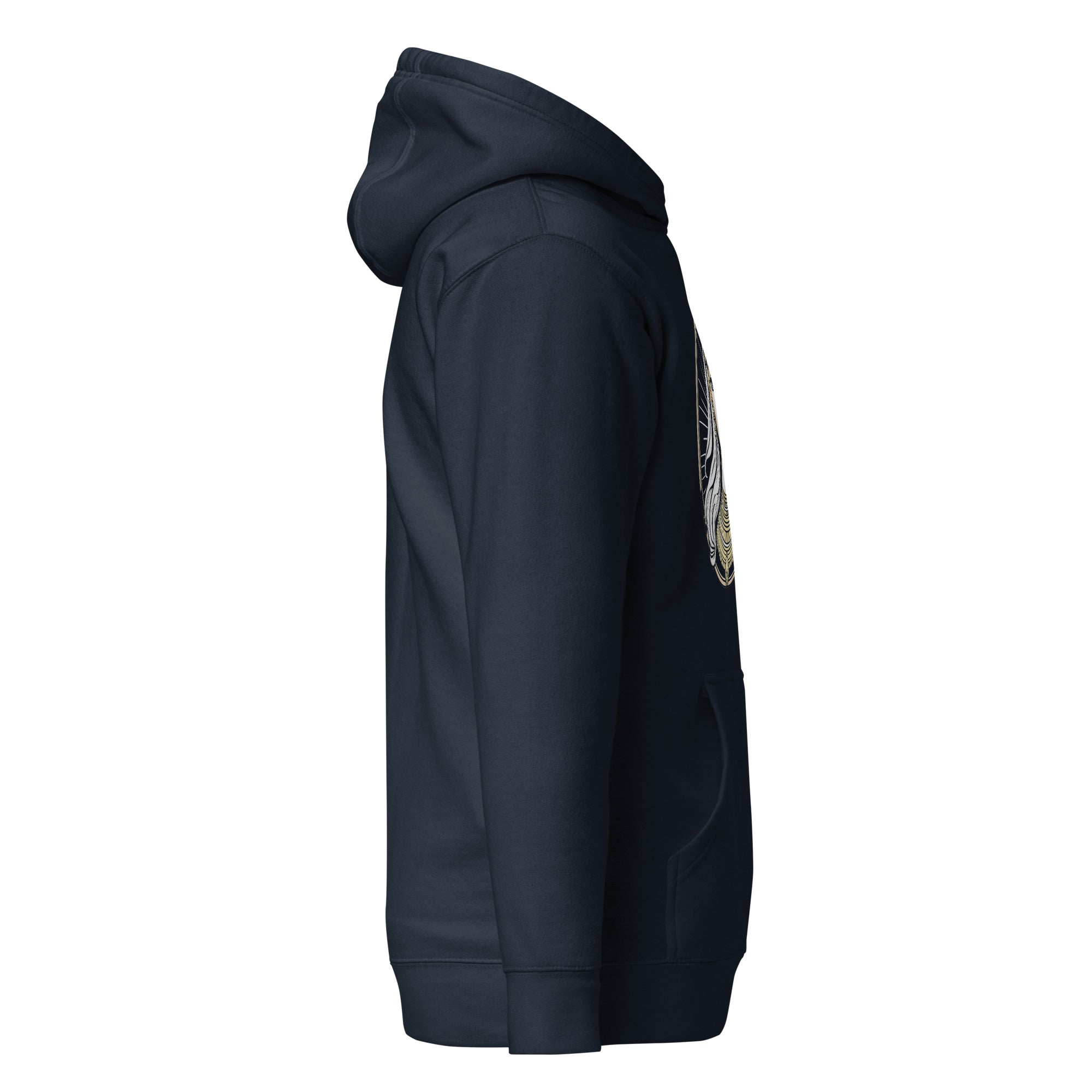 Side view of fashionable Egyptian print hoodie by LuckeLadybug in black with kangaroo pocket and hood