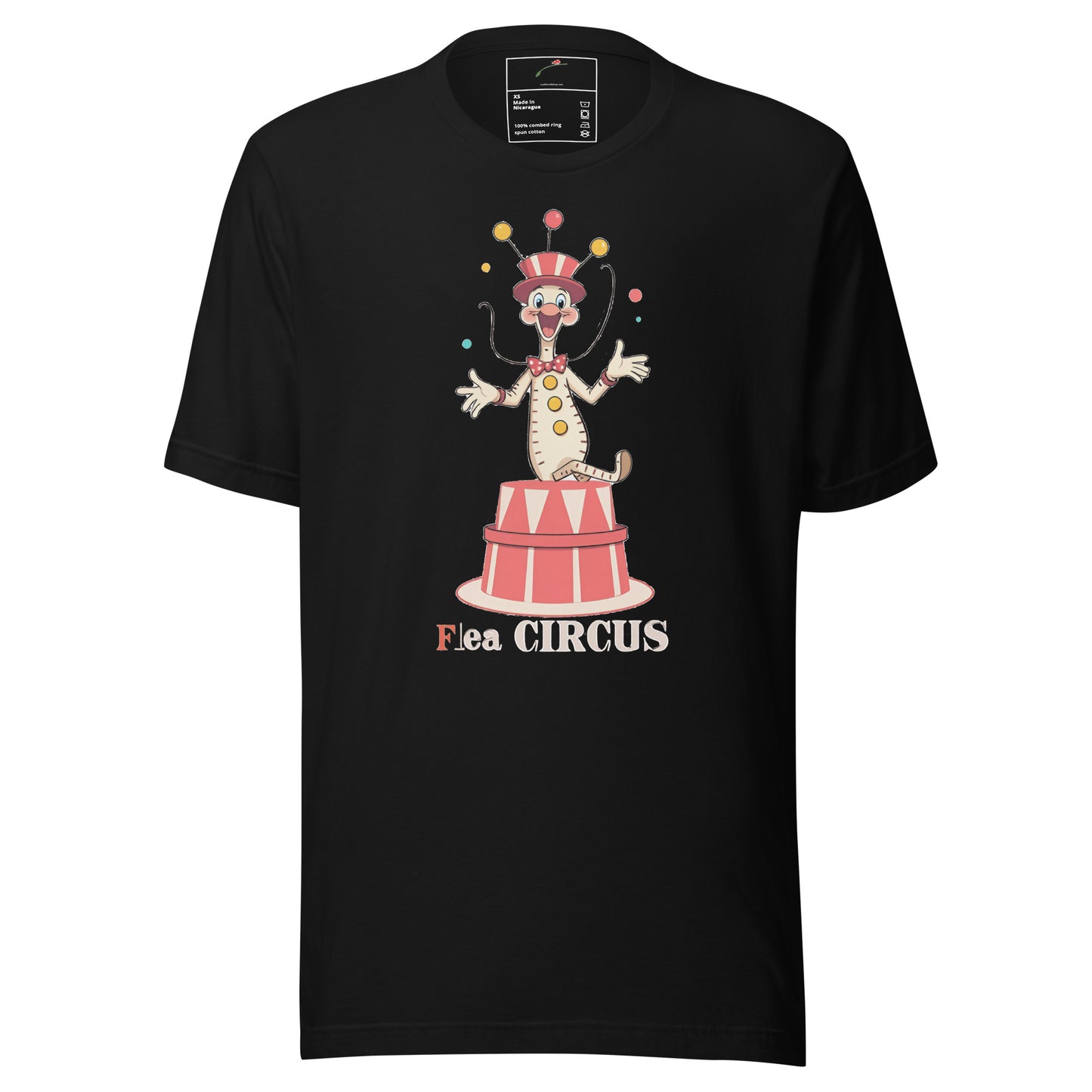 LuckeLadybug flea circus t-shirt black with cartoon flea clown juggling on red circus pedestal