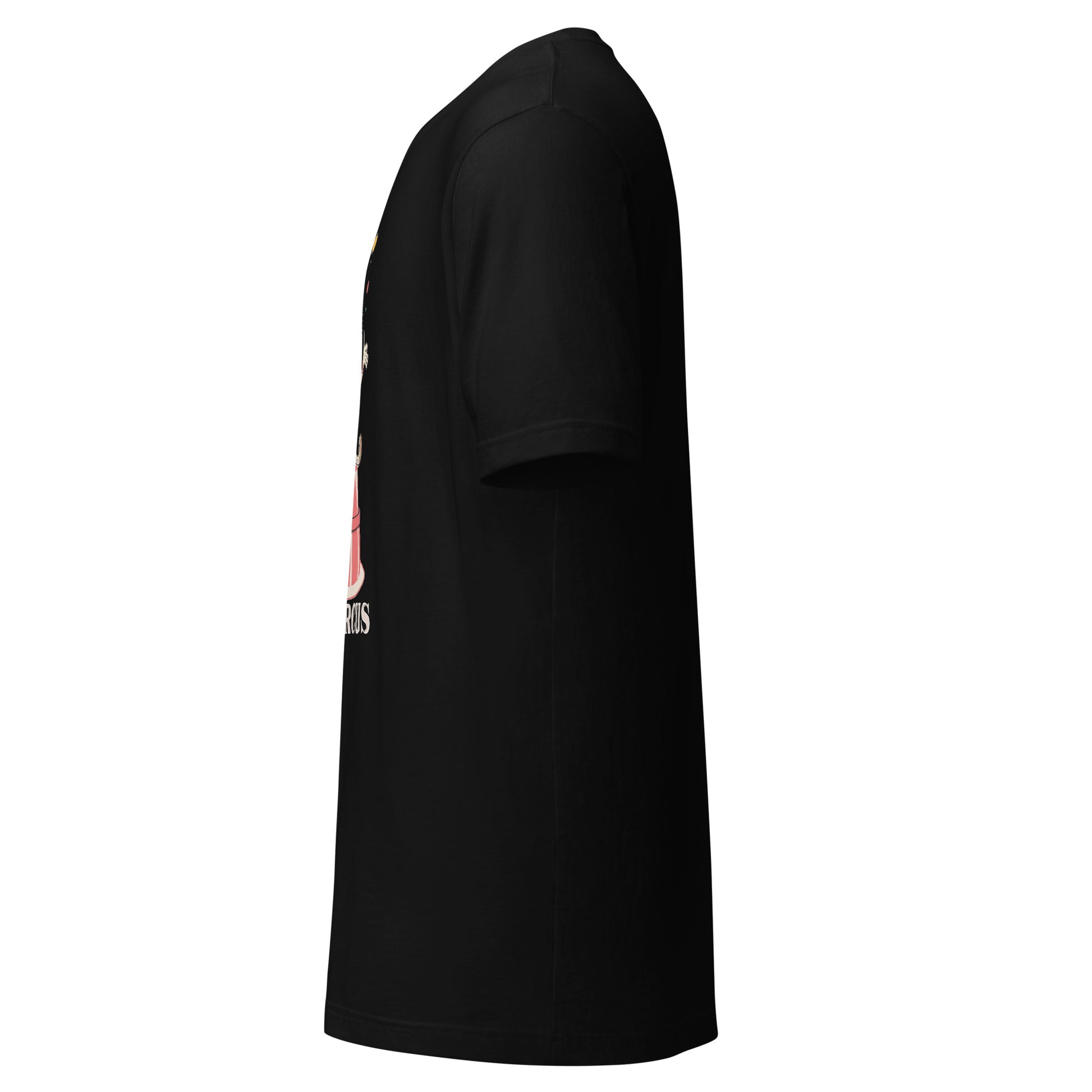 LuckeLadybug black flea circus t-shirt side view showing crew neck short sleeve relaxed fit and printed front graphic