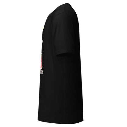 LuckeLadybug black flea circus t-shirt side view showing crew neck short sleeve relaxed fit and printed front graphic