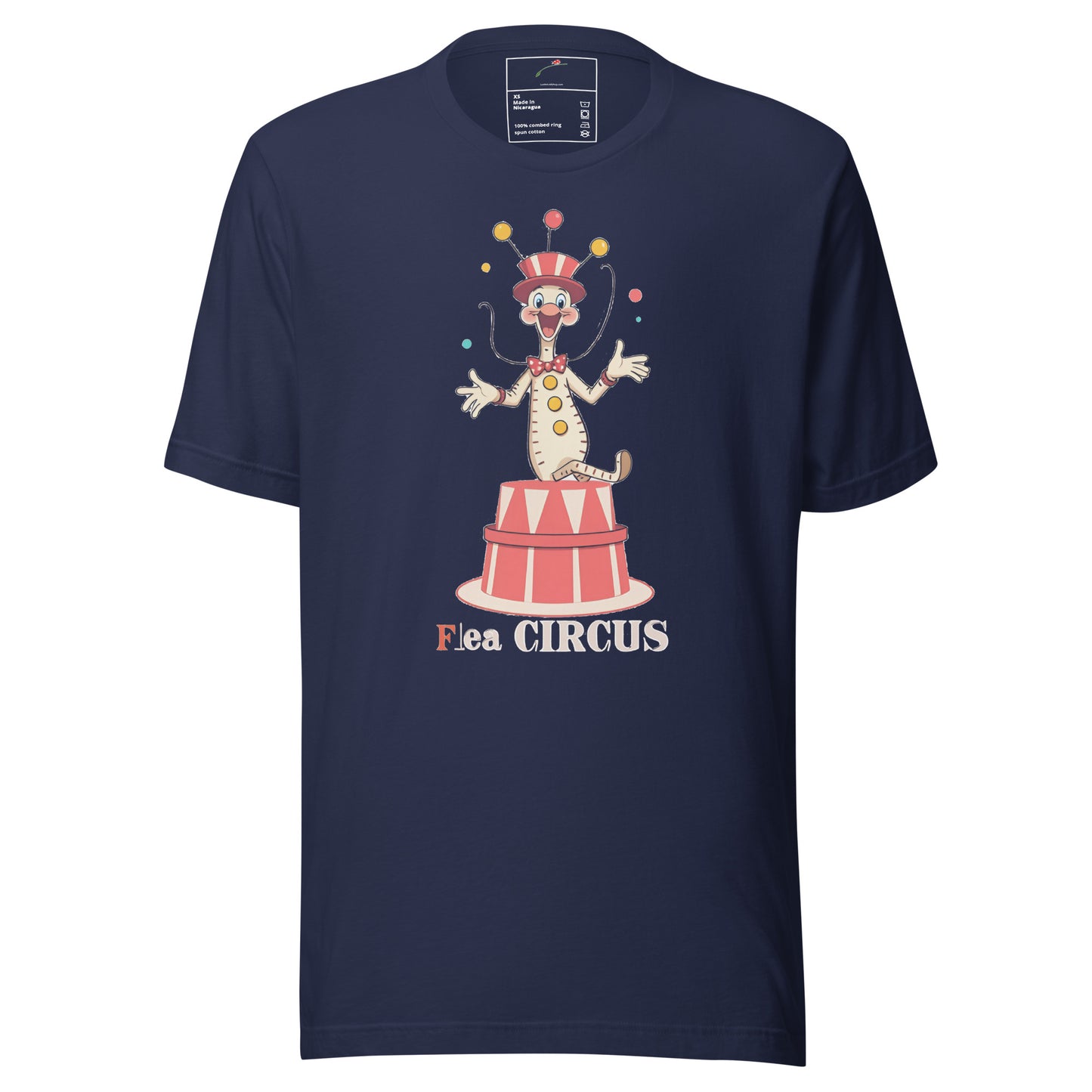 LuckeLadybug navy T shirt with vintage clown on podium and Flea CIRCUS print flea circus t-shirt