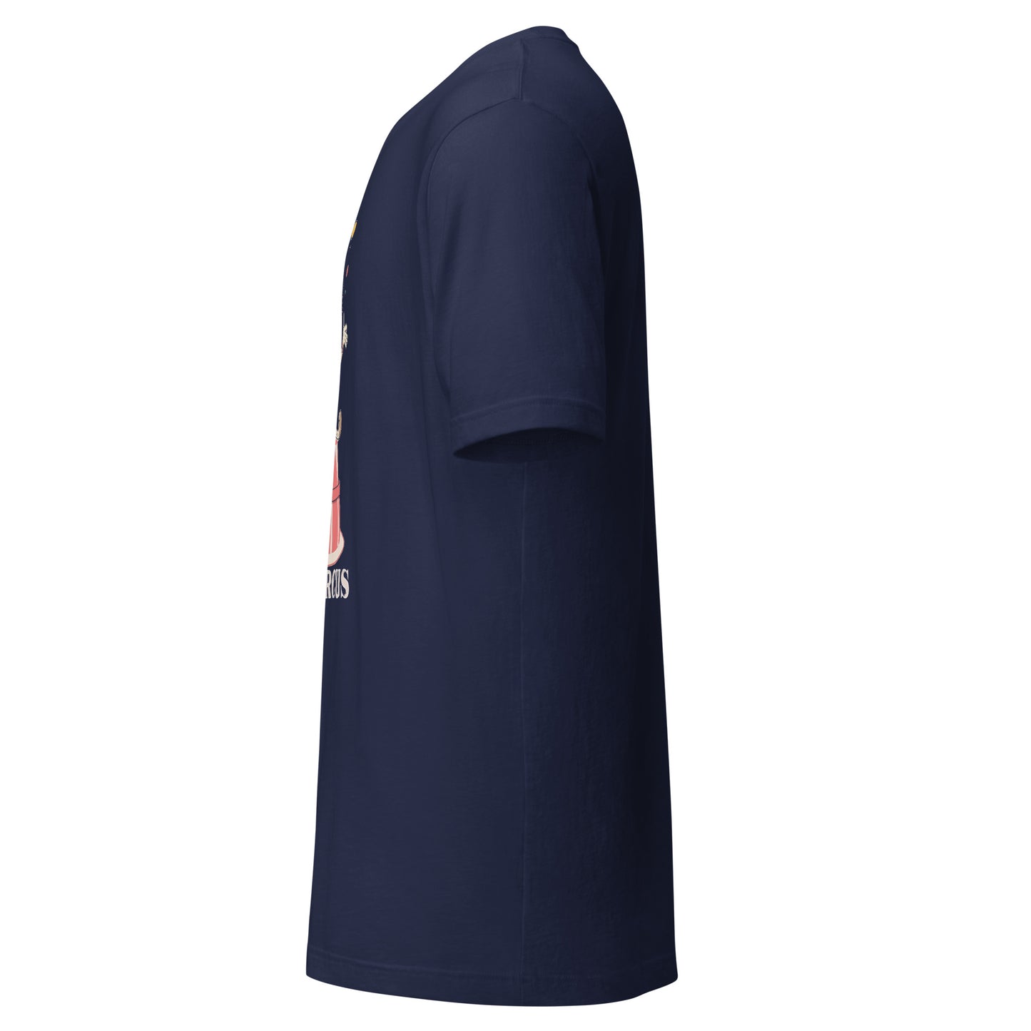 LuckeLadybug navy unisex side view showing short sleeve crew neck flea circus t-shirt graphic