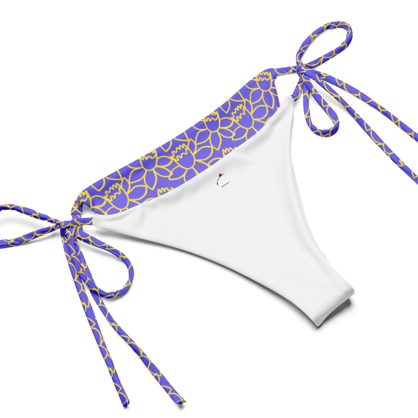 floral print bikini for summer with blue and yellow floral side ties on white fabric