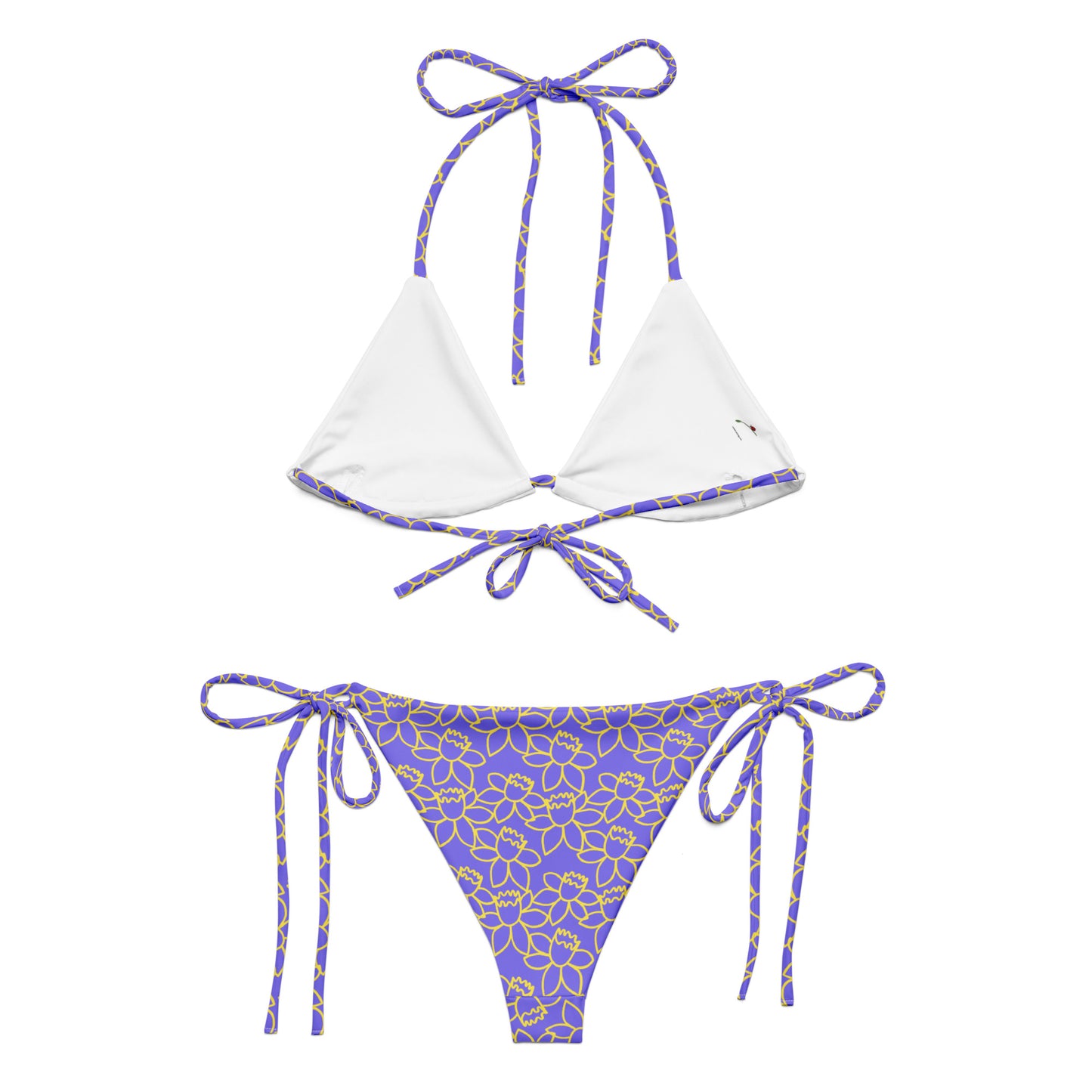 floral print bikini for summer with white triangle top and purple floral tie-side bottoms