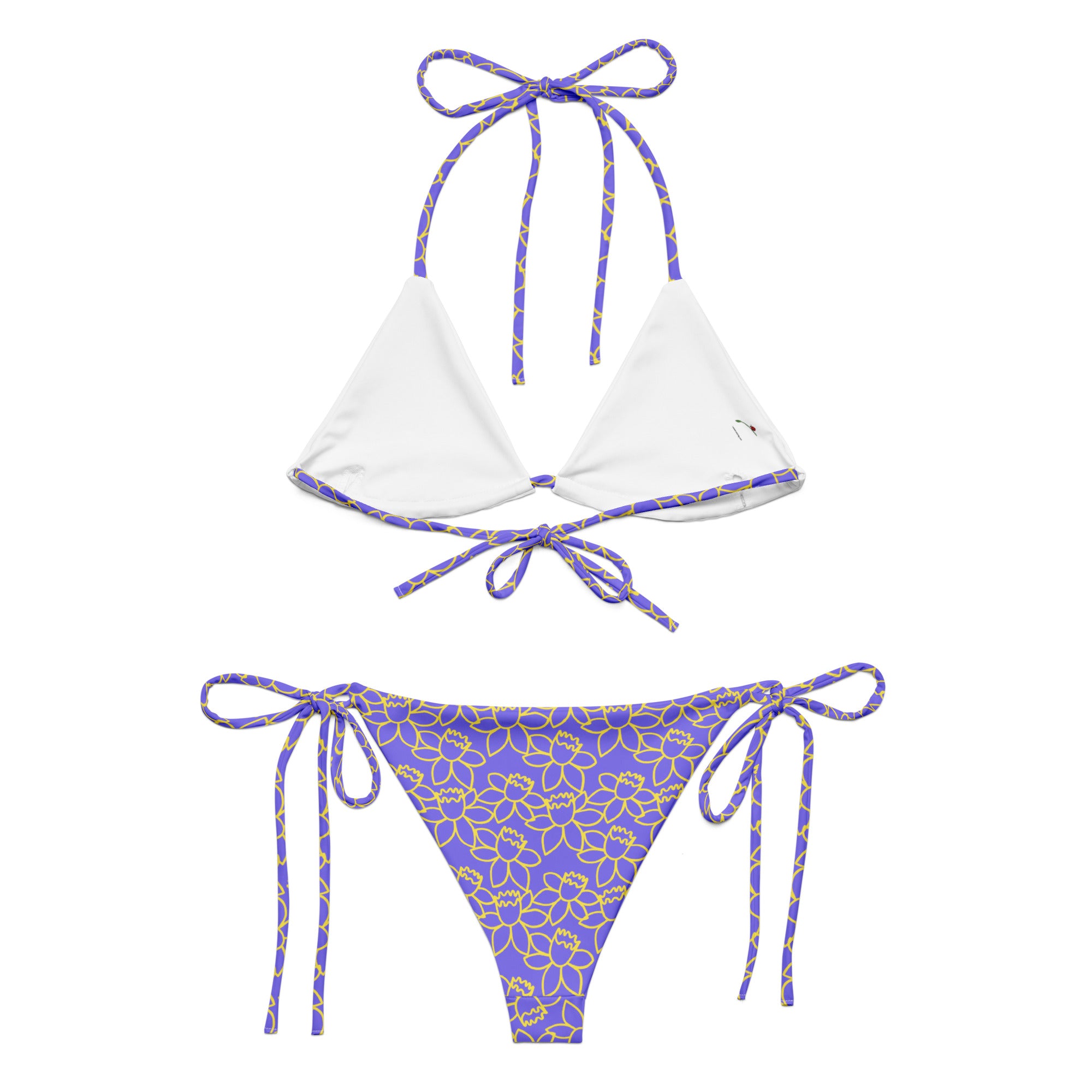 floral print bikini for summer with white triangle top and purple floral tie-side bottoms