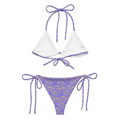 floral print bikini for summer with white triangle top and purple floral tie-side bottoms