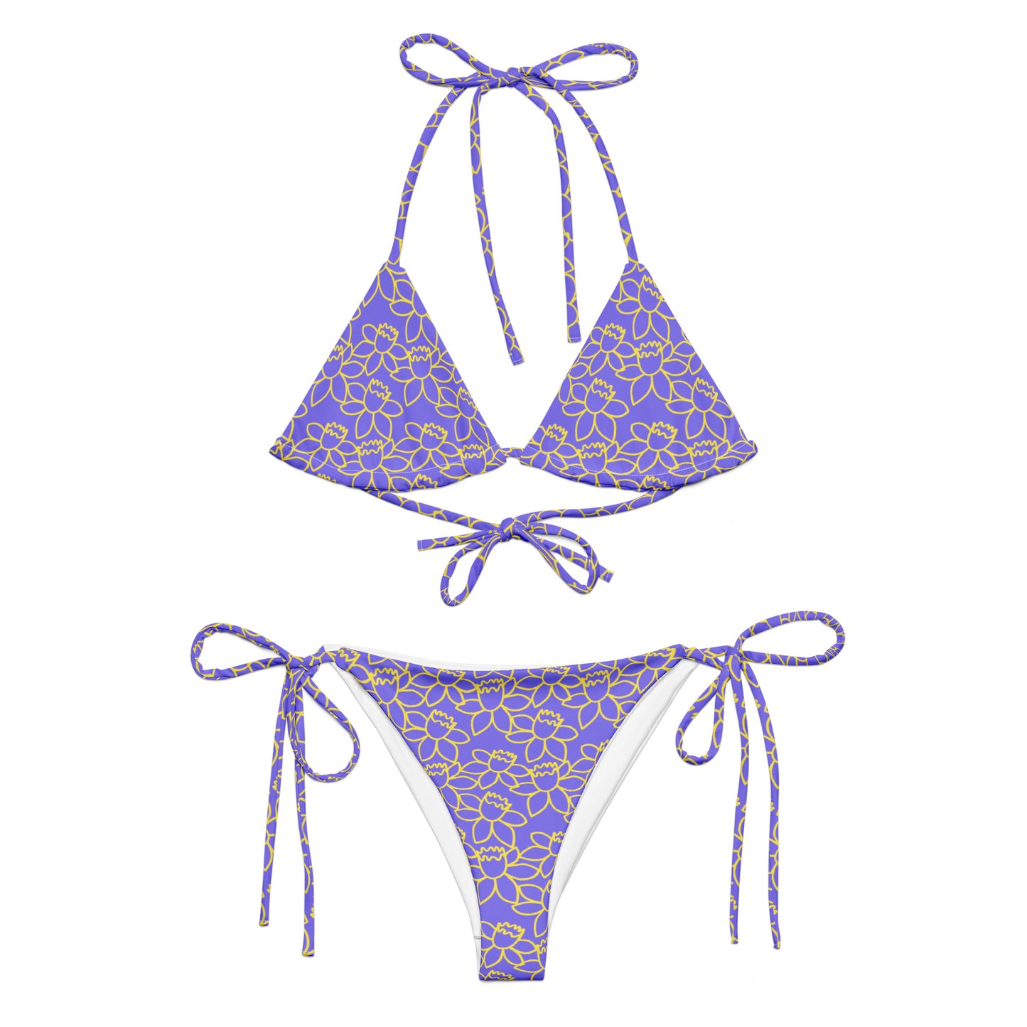floral print bikini for summer with purple and yellow flower design and adjustable tie straps