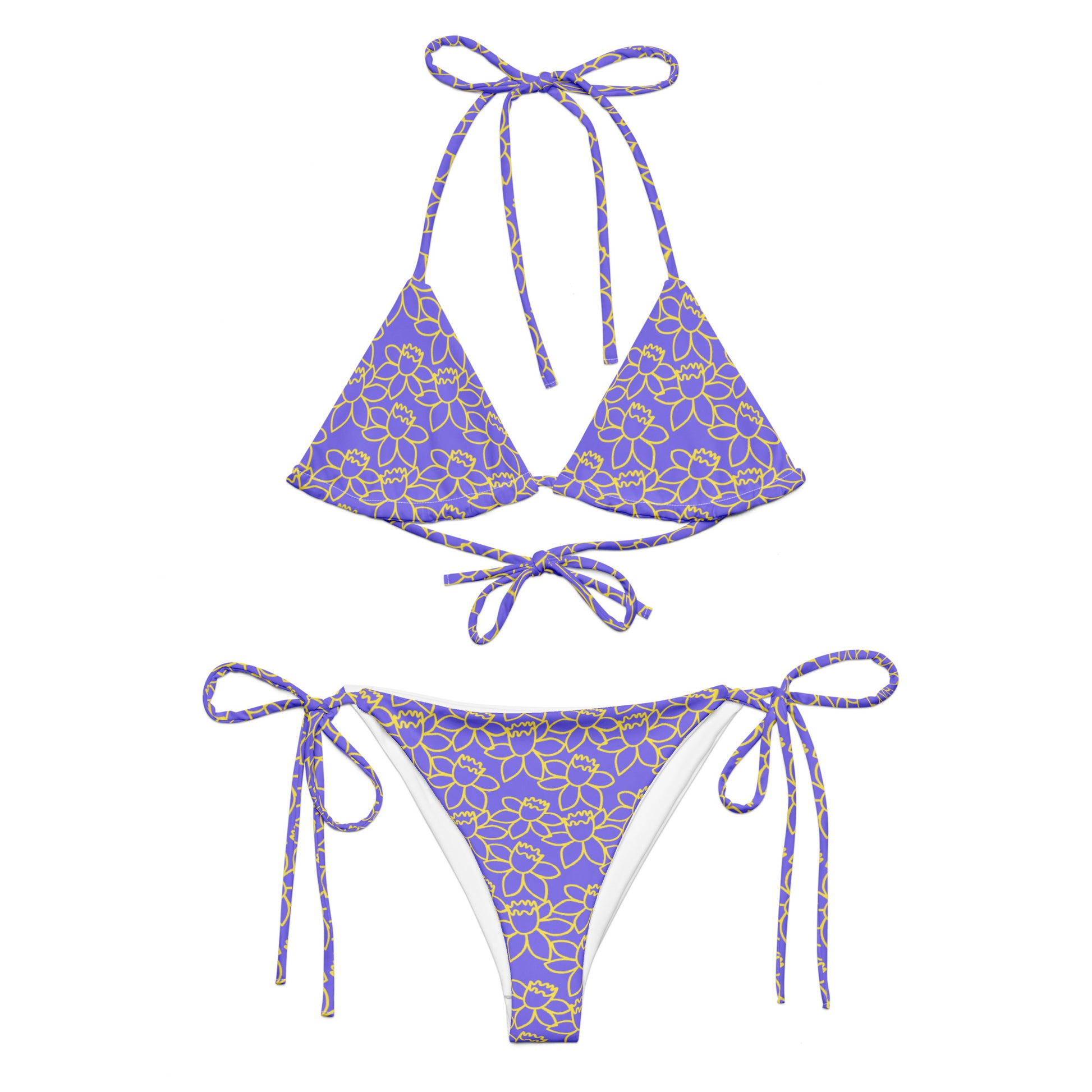 floral print bikini for summer with purple and yellow flower design and adjustable tie straps