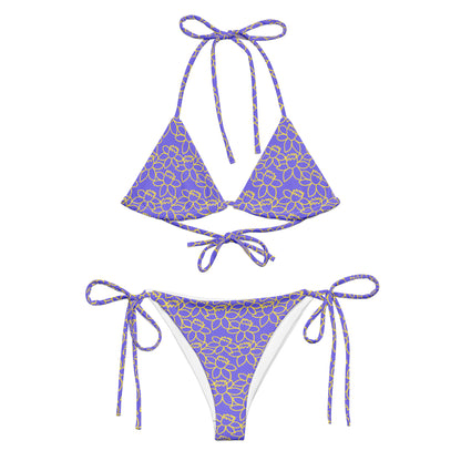 floral print bikini for summer with purple and yellow flower design and adjustable tie straps