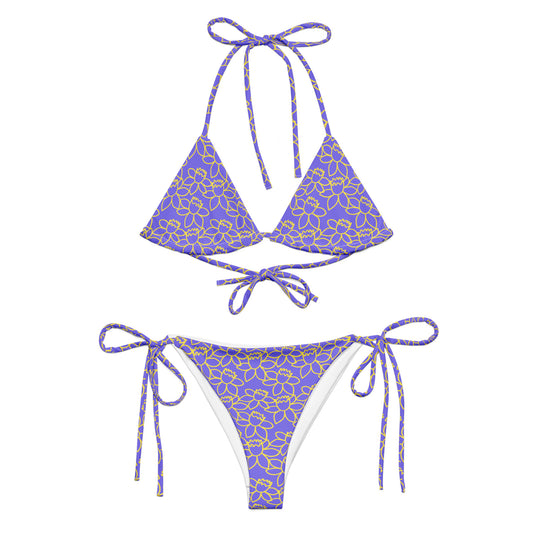 floral print bikini for summer with purple and yellow flower design and adjustable tie straps