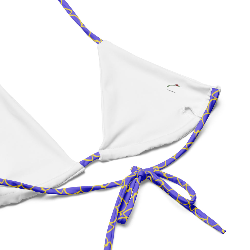 white triangle bikini top with purple and yellow straps floral print bikini for summer