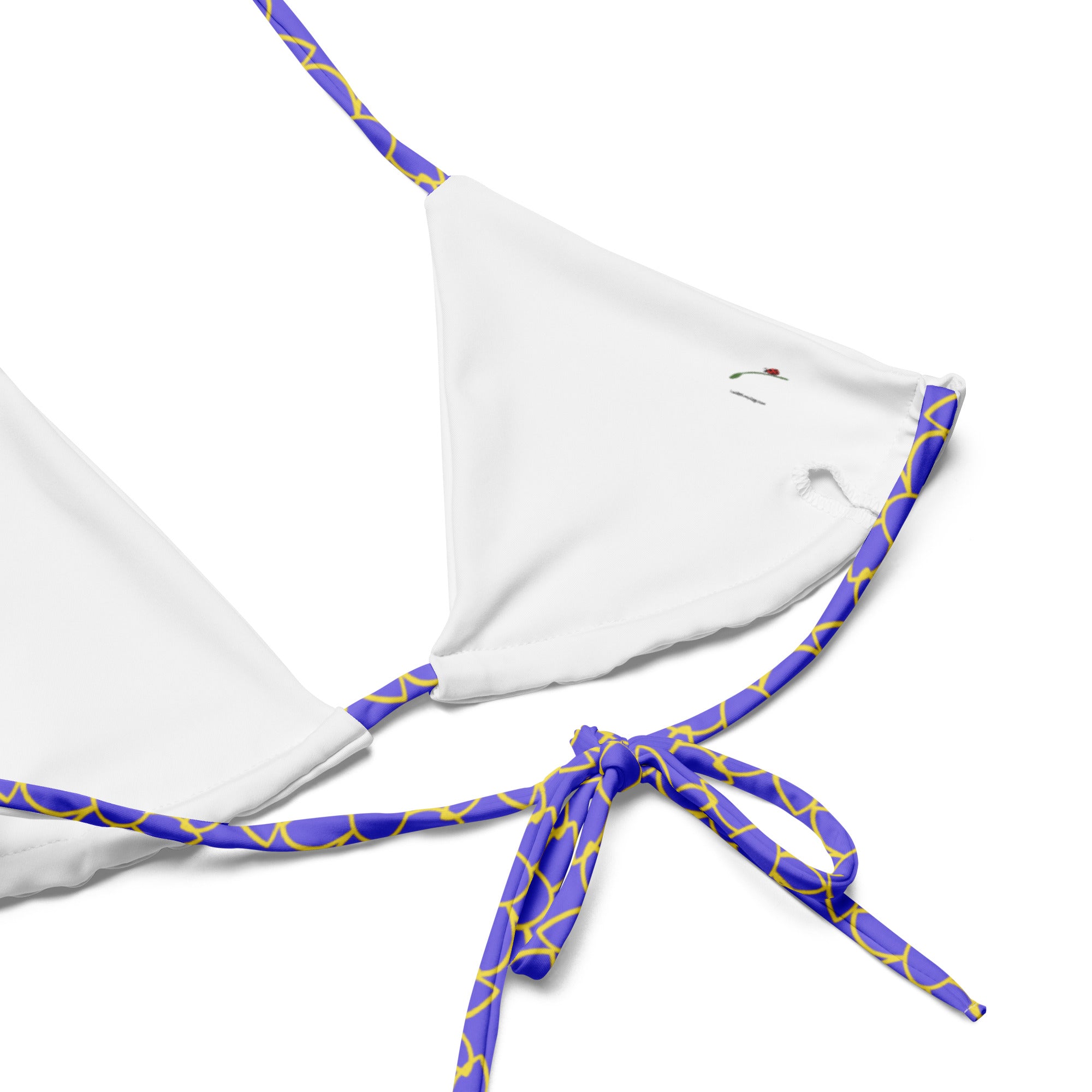 white triangle bikini top with purple and yellow straps floral print bikini for summer