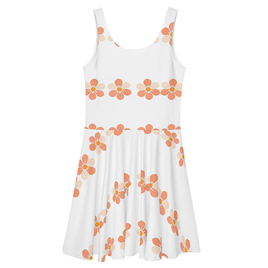 LuckeLadybug white floral skater dress with orange flower patterns and sleeveless design