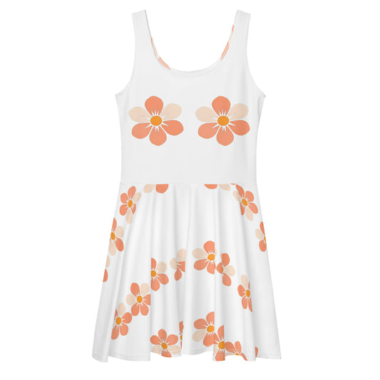 White sleeveless floral skater dress with orange and beige flower pattern by LuckeLadybug