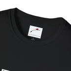 LuckeLadybug black cotton T-shirt close up with forty something birthday shirt label inside collar