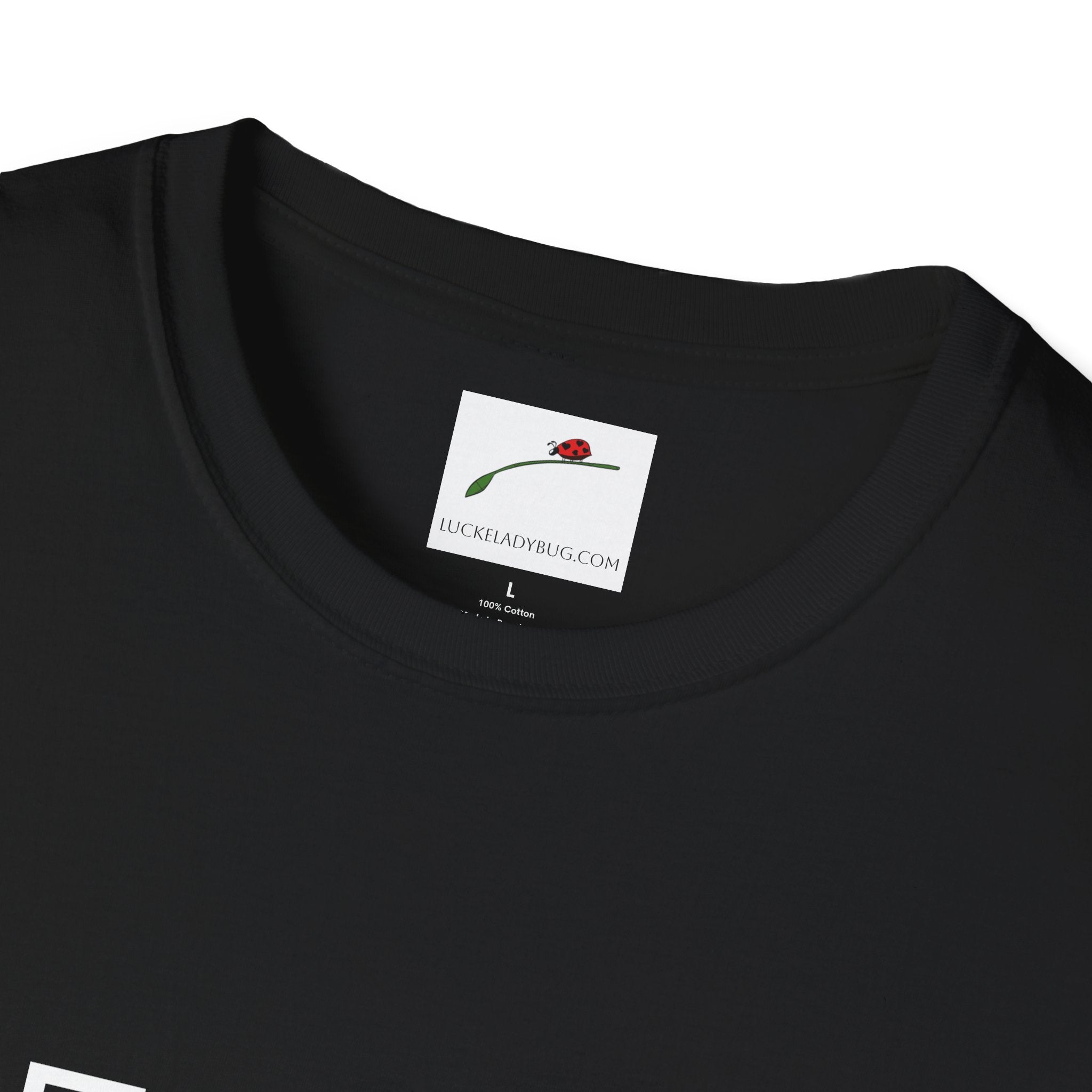 LuckeLadybug black cotton T-shirt close up with forty something birthday shirt label inside collar