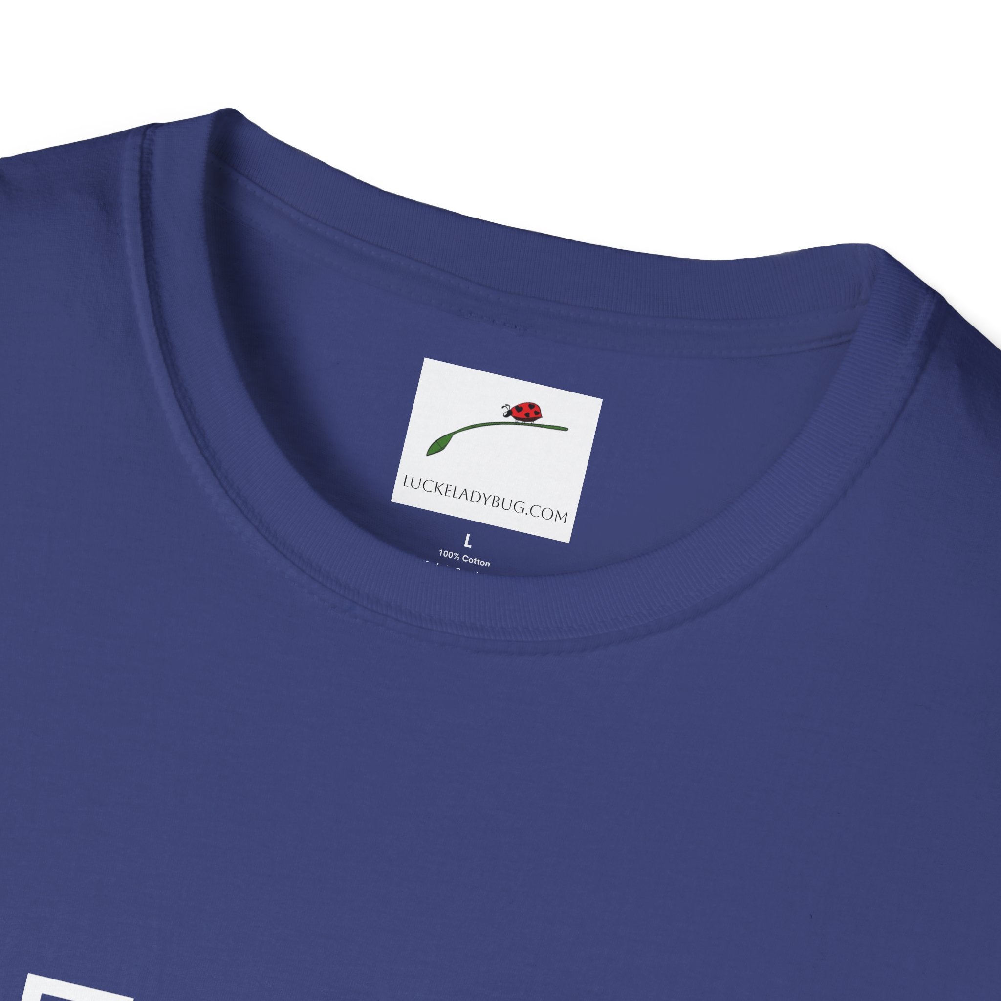 LuckeLadybug navy blue cotton T-shirt showing neckline and label featuring forty something birthday shirt