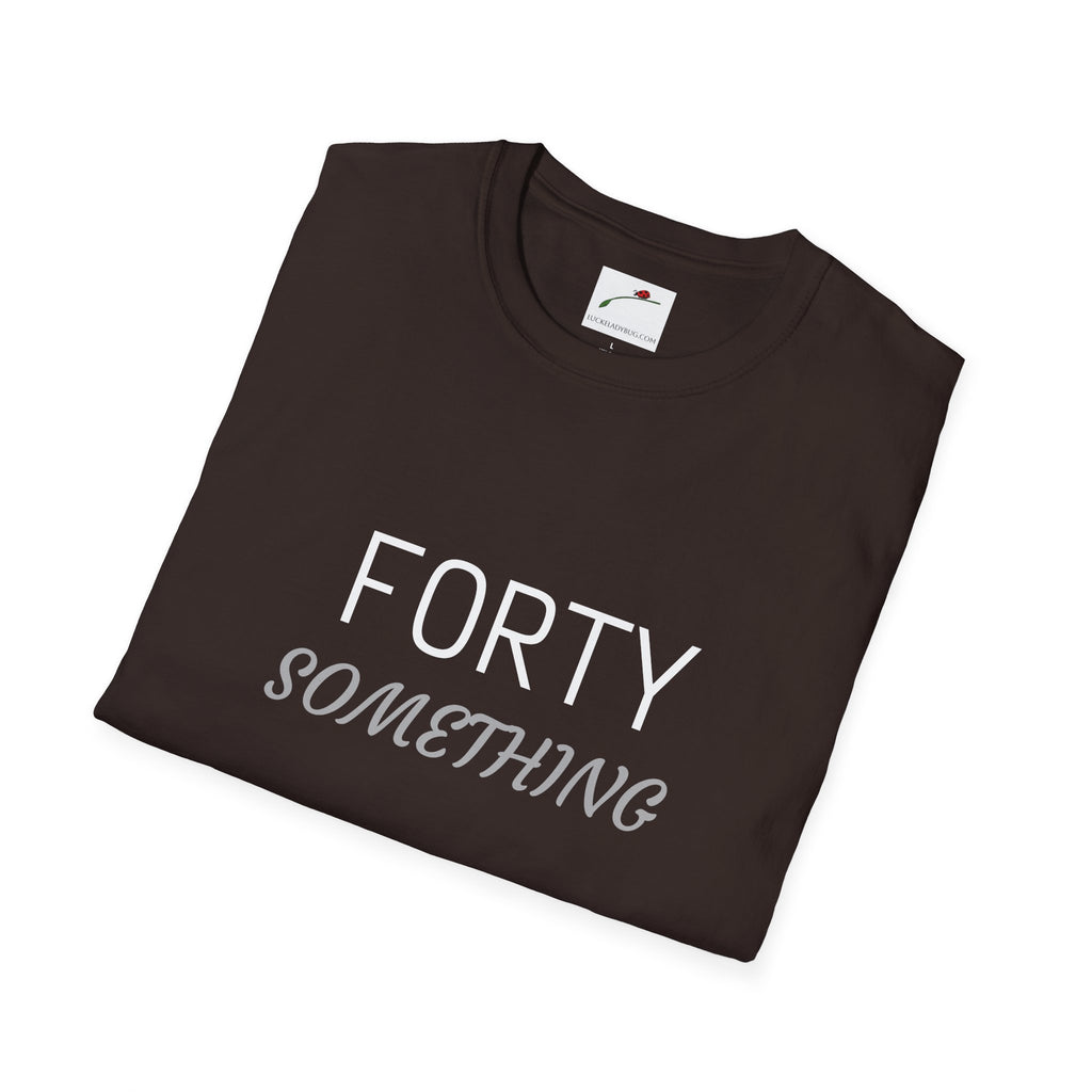 LuckeLadybug black forty something birthday shirt with bold white and gray text design