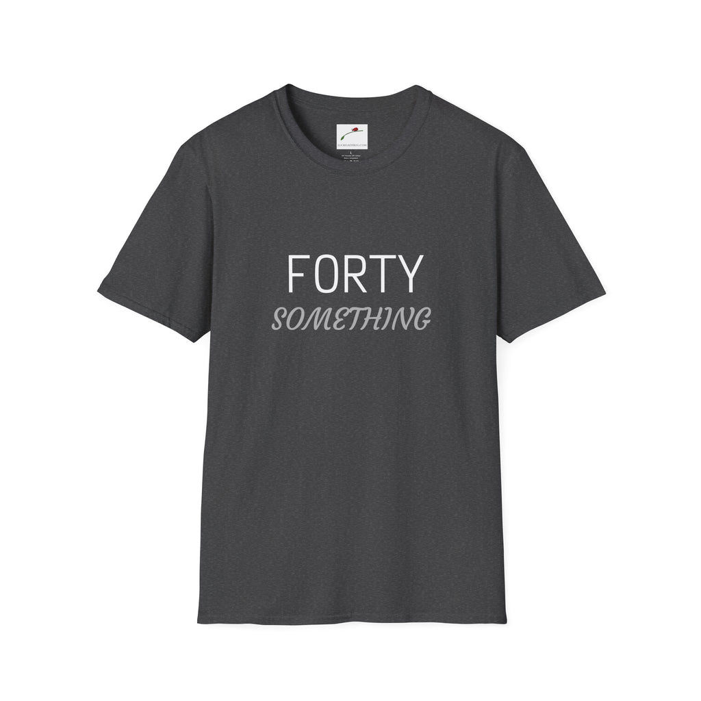 LuckeLadybug charcoal gray forty something birthday shirt with simple text design
