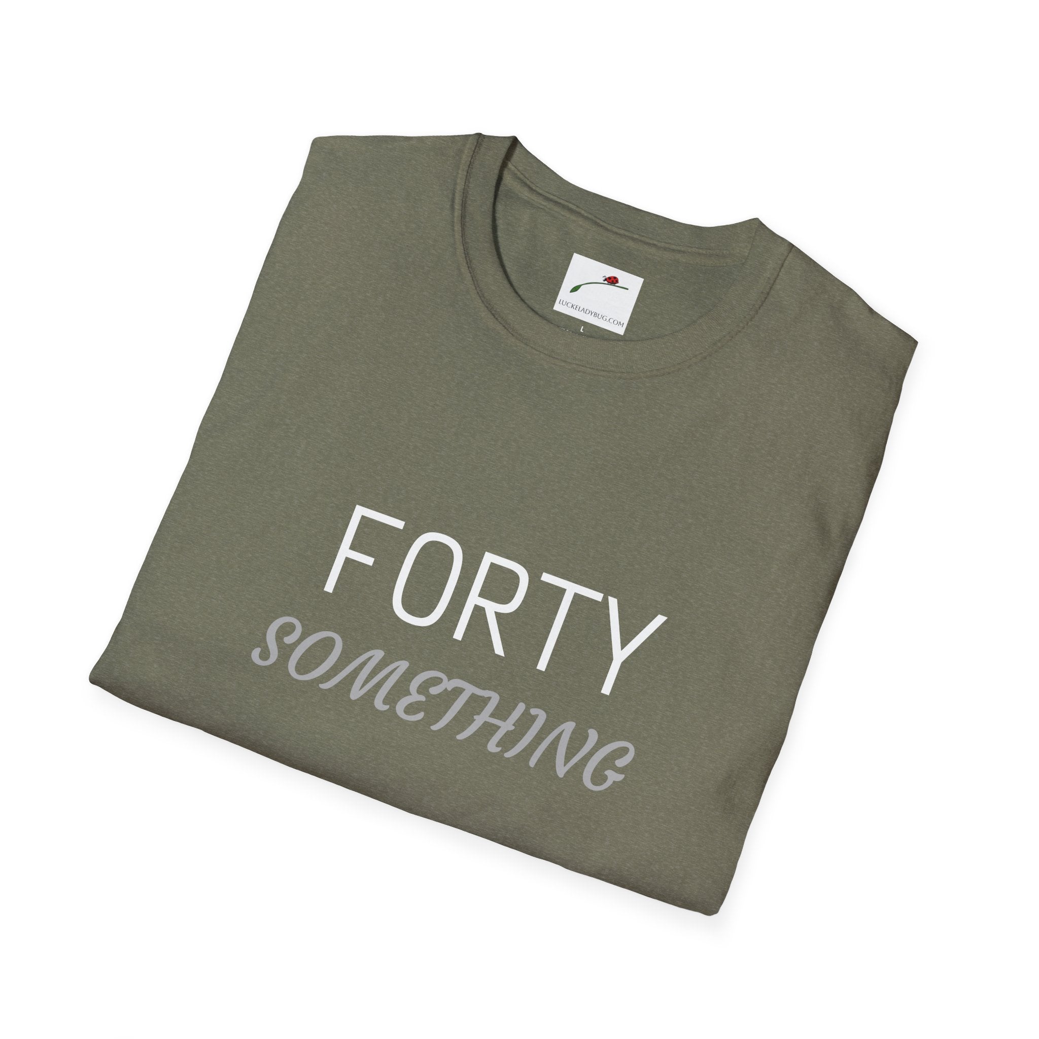 Olive green forty something birthday shirt by LuckeLadybug with white and gray text design