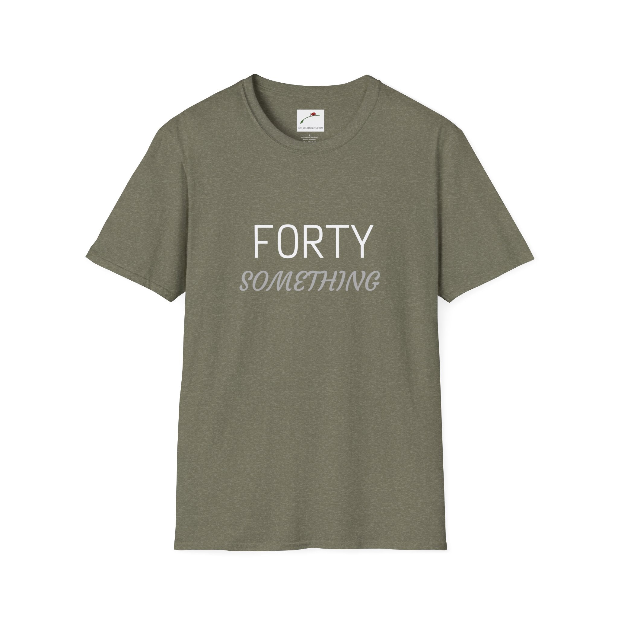 Olive green T-shirt with white and gray text forty something birthday shirt by LuckeLadybug