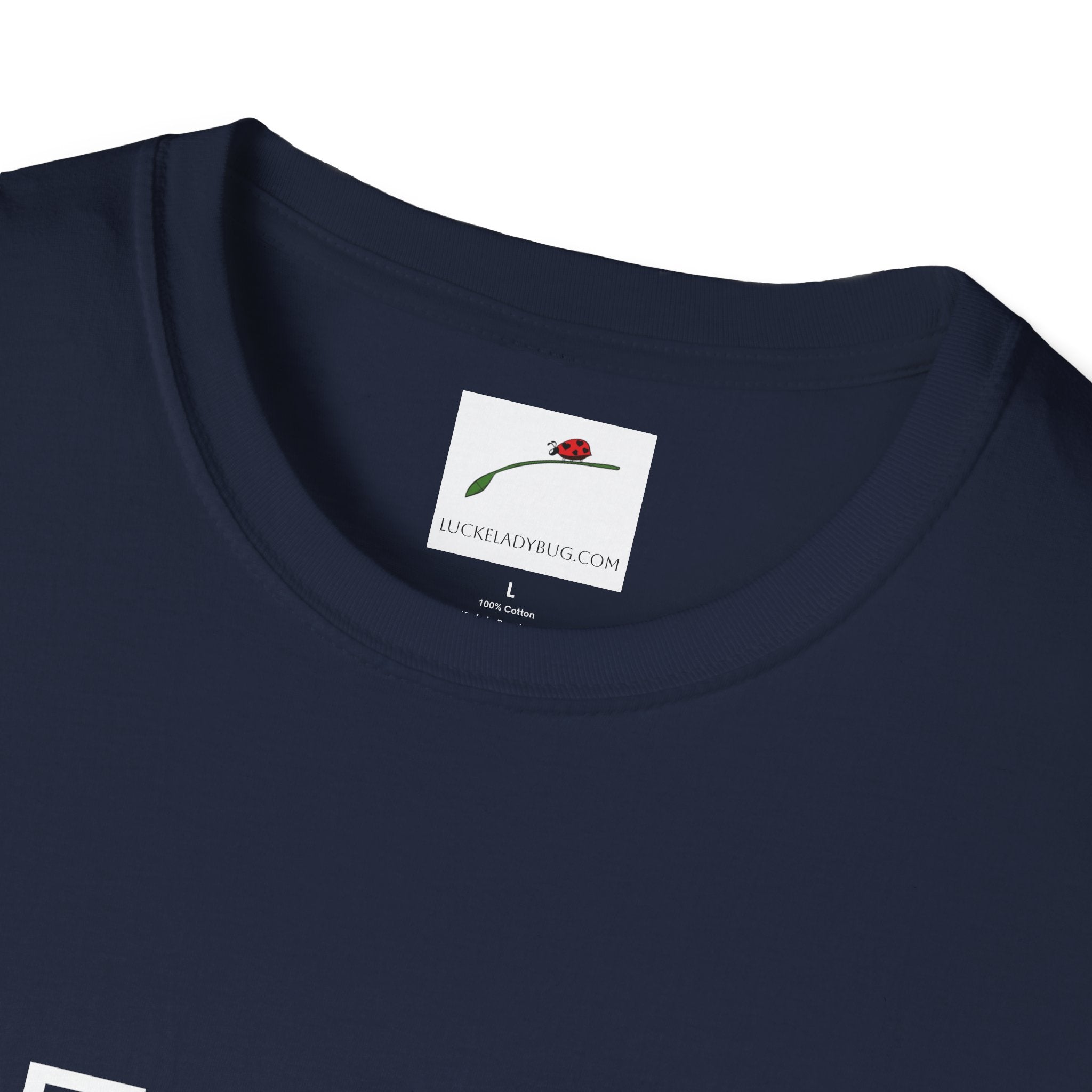 LuckeLadybug navy blue forty something birthday shirt with round neckline and tag label