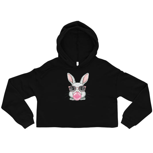 Funny bunny crop hoodie black crop top hoodie with bunny wearing sunglasses blowing bubble gum