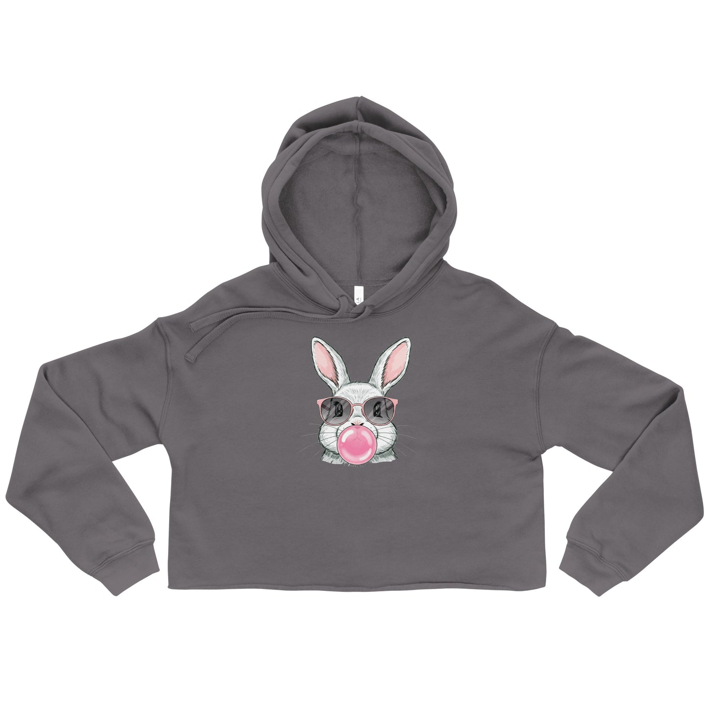 Funny bunny crop hoodie in gray with a bunny wearing sunglasses blowing bubblegum